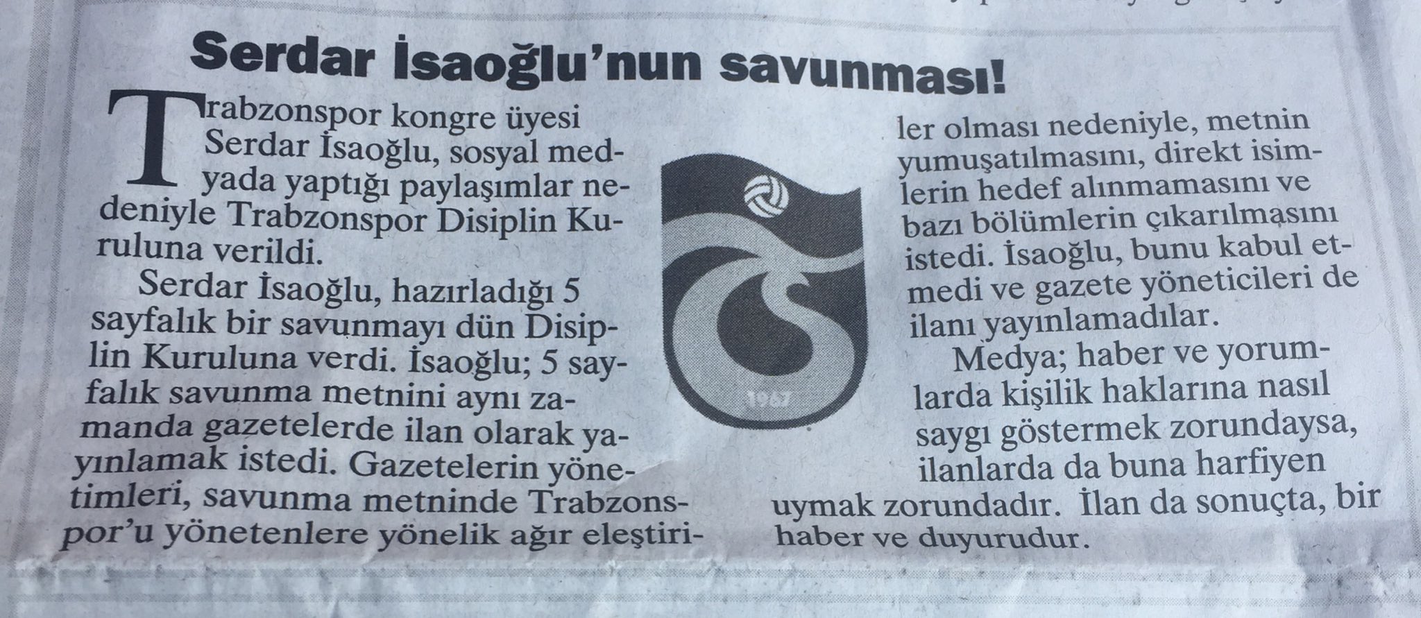 Sosyal medya paylaşımları nedeniyle Trabzonspor disiplin kuruluna verilen Serdar İsaoğlu' nun ders niteliğindeki savunması... 