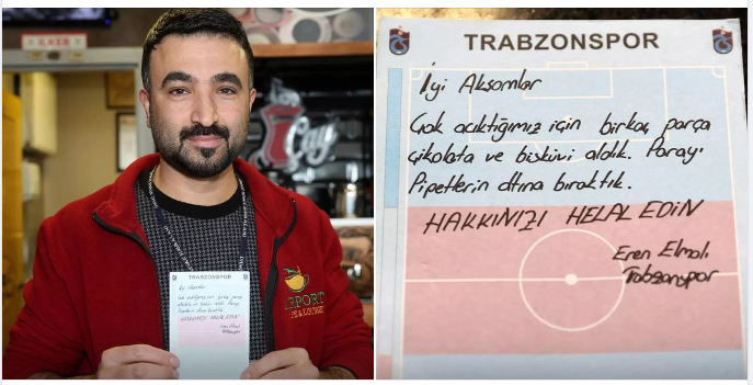 Trabzonsporlu futbolcuların bıraktığı not, kafeterya işletmecisi Ethem Soner Yıldırım'ı duygulandırdı