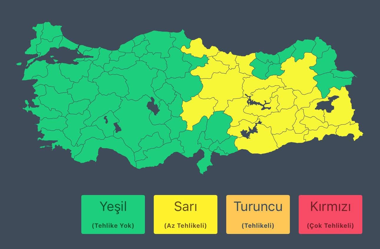 Giresun, Kayseri, Ordu, Samsun, Sivas, Tokat illerimize sarı meteorolojik uyarı verilmiştir