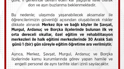 Artvin merkez ve 4 ilçede kar nedeniyle eğitime 1 gün ara verildi