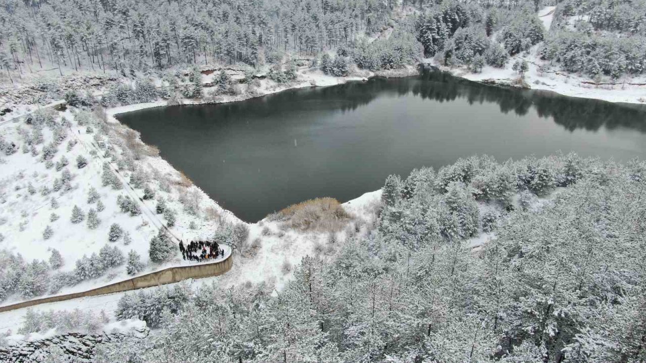 Karla kaplı orman içerisindeki gölet, kış manzarasıyla mest ediyor