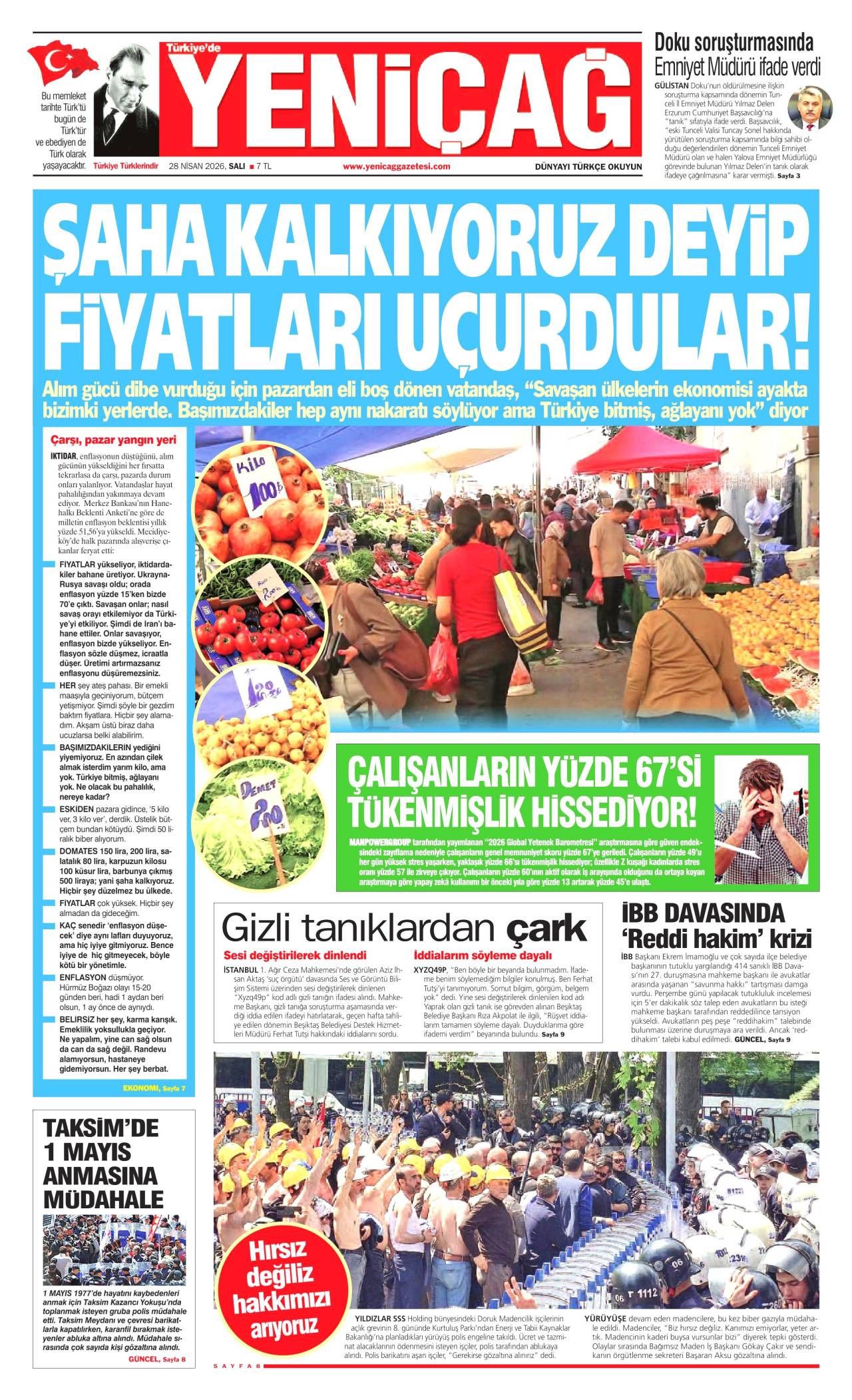 Yeniçağ Gazetesi Gazete Manşeti